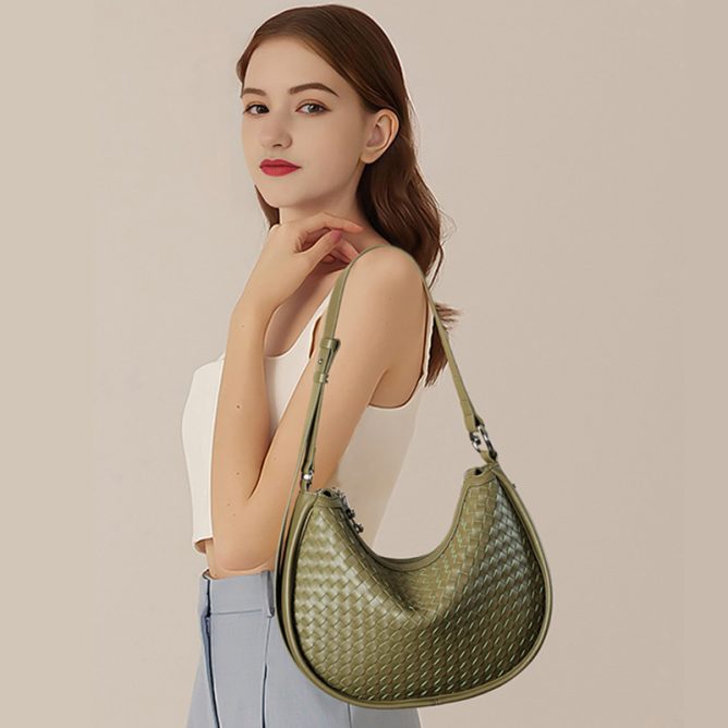 Genuine Leather Woven Crescent Bag