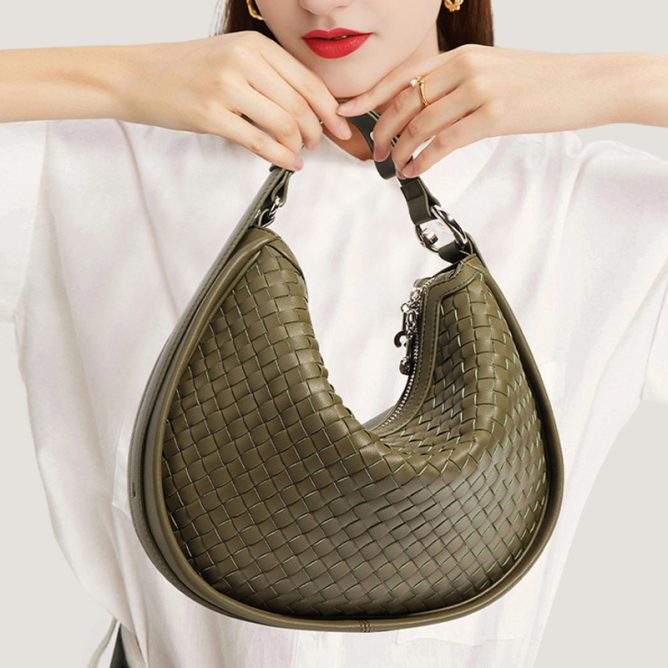 Genuine Leather Woven Crescent Bag