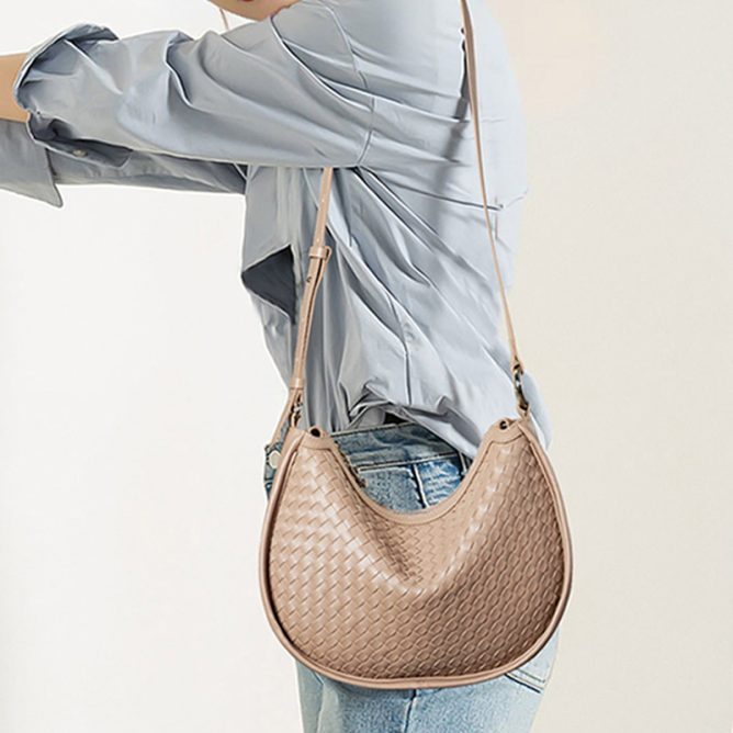 Genuine Leather Woven Crescent Bag